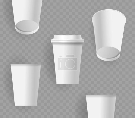 Illustration for Seamless Pattern with Blank Paper Coffee Cups Isolated on Transparent Background. Mockup for Graphic Design And Branding Purposes, Logo Presentations And Advertising. Realistic 3d Vector Illustration - Royalty Free Image