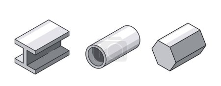 Tres tipos diferentes de tubos de metal. I-beam, barra cilíndrica y hexagonal utilizada en la construcción y la ingeniería. Cada perfil se muestra en vista tridimensional con superficie reflectante, iconos vectoriales