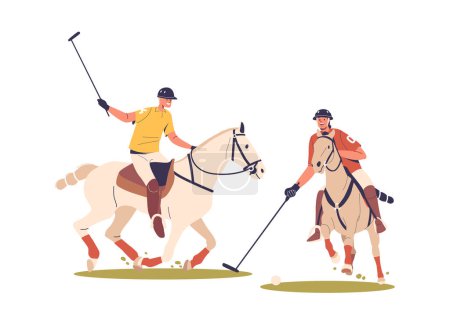 Téléchargez les illustrations : Les joueurs de polo sont des cavaliers qualifiés, des adeptes du cheval et des maillets pour marquer des buts. Ils incarnent la grâce, la précision et les prouesses stratégiques sur le terrain. Illustration vectorielle des personnages de bande dessinée - en licence libre de droit