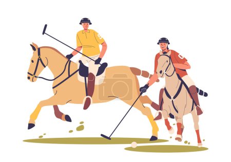 Polo Players Riding And Maneuvering Horses While Wielding Mallets To Strike A Ball Towards Goals. Skilled Equestrians Combining Athleticism With Strategic Prowess. Cartoon People Vector Illustration