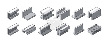 Illustration for Metal Profile Products Vector Icons Set. Engineered Sections Used In Construction And Manufacturing In Various Shapes Like Angles, Channels, Beams, Offering Structural Support in Metallurgy Industry - Royalty Free Image