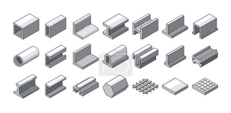 Illustration for Steel Or Metal Products Vector Icons Set. Pipes, Beams, Bars, Girder Structures. Iron, Stainless Metallurgy Industry Items With Square, Round, Flat Profile, Include Construction Rolls, Rebars and Rods - Royalty Free Image