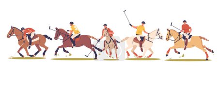 Illustration for Polo Players In Action, Male Characters Riding Their Horses While Wielding Mallets. Their Poses Reflect The Intensity And Skill Involved In The Sport Competition. Cartoon People Vector Illustration - Royalty Free Image