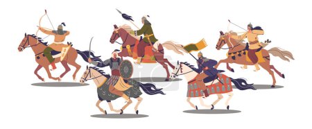 Ilustración de Guerreros asiáticos montados, escena vectorial dinámica de antiguos guerreros mongoles Grupo a caballo en poses listas para la batalla, armados con arcos, lanzas y espadas, que firman una escena de la guerra histórica - Imagen libre de derechos