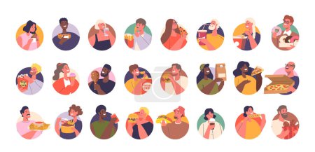 Illustration for Diverse Array Of Male And Female Character Avatars In Circular Frames, Each Happily Engaging With Different Foods, Such As Pizza, Burgers, Ice Cream, And Popcorn, In A Colorful, Cartoon Vector Style - Royalty Free Image