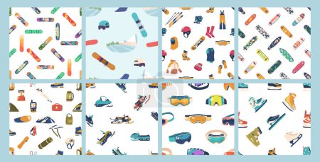 Ilustración de Colección de varios patrones de equipos de deportes de invierno y actividades al aire libre, con elementos como patinetas, esquís, snowboards, cascos, botas y gafas, representados en colores, estilo de diseño vectorial - Imagen libre de derechos