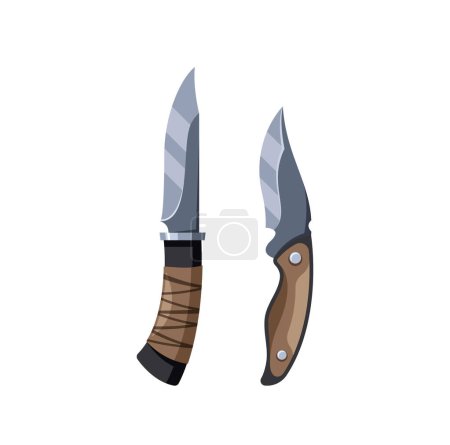 Two Types Of Hunter Knives With Finely Detailed Blades And Ergonomically Designed Handles Suitable For Outdoor Activities, Camping And Hiking. Vector Illustration Isolated On White Background