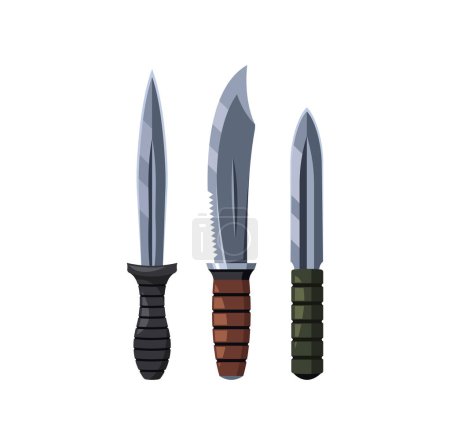 Three Hunter Knives With Different Steel Blade Shapes And Handles, Ideal For Representation In Camping, Hunting, And Survival Themes. Vector Illustration of Hunter Weapon Isolated On White Background