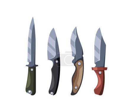 Detailed Vector Illustration Displaying Collection Of Four Hunting Knives, Each Featuring Unique Handle Designs And Blade Shapes. Equipment Ideal For Camping, Hunting, Outdoor Activities, And Survival