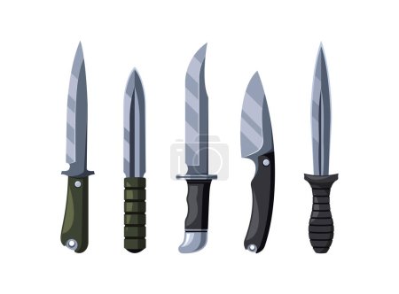 Collection Of Five Tactical And Hunting Knives Isolated On White Background, Features Different Styles, Handle and Blade Shapes Suited For Various Outdoor Activities. Cartoon Vector Illustration