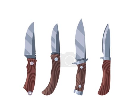 Hunting Knives Danger Tools With Wooden Handles, Each Distinct In Shape And Utility. Assortment Of Four Knives, Weapon for Hunt, Combat Isolated On White Background. Cartoon Vector Illustration