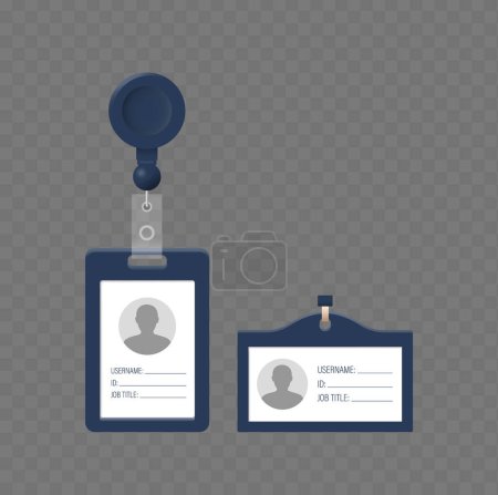 Isolierte realistische 3D-Vektor zwei professionelle Büro-Identitätsabzeichen, mit einem ausziehbaren Clip und einem Stift-Verschluss, ideal für Mitarbeiter-Identifikation und Sicherheitszwecke in Unternehmensumgebungen