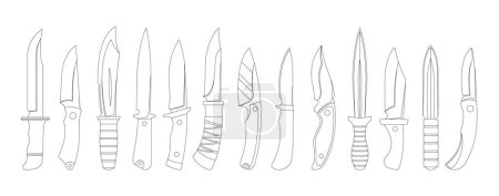Schwarz-weiße Vektorsymbole mit einer Vielzahl von Jagdmessern, mit verschiedenen Stilen und Klingenformen, ideal für Projekte im Zusammenhang mit Outdoor-Aktivitäten, Überleben und taktischer Ausrüstung