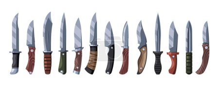 Array of Hunter Messer mit verschiedenen Klingenformen und Griff-Materialien. Jagdwaffe perfekt für Outdoor-, Militär- und Überlebensthemen isoliert auf weißem Hintergrund. Zeichentrickvektorillustration