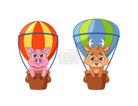 Zwei entzückende Zeichentricktiere, ein fröhliches Schwein und ein lächelnder Hirsch fliegen in bunten Heißluftballons und fangen ein Gefühl von Abenteuer und Freude ein. Cartoon Vector Illustration auf weißem Hintergrund isoliert