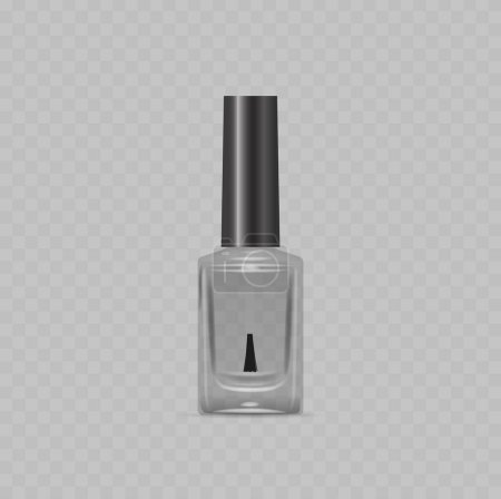 Ilustración de Elegante botella de esmalte de uñas con un diseño de vidrio transparente con una tapa negra brillante, adecuada para presentaciones de marca de cosméticos y de lujo. Ilustración realista aislada del vector 3d, Mockup - Imagen libre de derechos