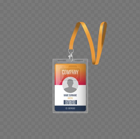 Badge d'identité professionnel avec lanière orange, pour les entreprises et les entreprises. Caractéristiques du badge Un nom, titre et code-barres, mettant l'accent sur l'utilité dans les paramètres professionnels. Illustration vectorielle 3D réaliste