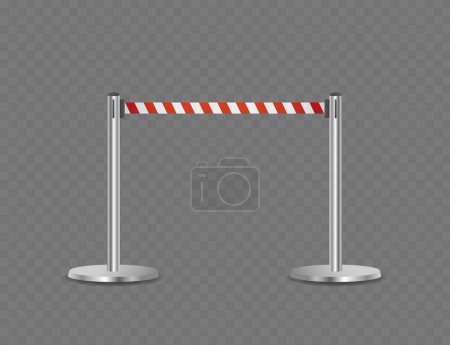 Illustration for Metal Posts Connected By Red And White Striped Ribbon Isolated On Transparent Background. Realistic 3d Vector Illustration Ideal For Concepts Related To Barriers, Access Control, And Sectioning - Royalty Free Image