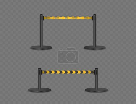 Illustration for Metal Posts Connected By Yellow Caution Ribbon With Do Not Cross Warning, Ideal For Safety And Barrier Themes In Visuals. Boundary Isolated On Transparent Background. Realistic 3d Vector Illustration - Royalty Free Image