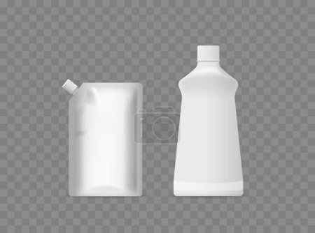 Illustration for Two Types Of White Plastic Detergent Bottles For Design And Commercial Use. Detailed Packs With Smooth Textures And Capped Lids, Household Product Mockup. Isolated Realistic 3d Vector Illustration - Royalty Free Image