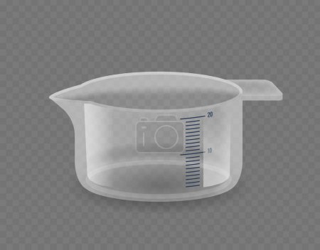 Illustration for Transparent Plastic Measuring Beaker With A Spout And Blue Measurement Markings Isolated on Transparent Background. Realistic 3d Vector Cup or Jug For Precise Liquid Measurements In A Lab Or Kitchen - Royalty Free Image