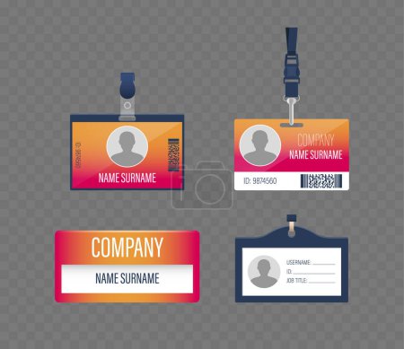 Illustration for Set Of Four Professional Office Id Badge Designs Showcasing Colorful Templates With Placeholder Text For Name, Job Title, And Company, For Corporate Identity. Isolated Realistic 3d Vector Illustration - Royalty Free Image