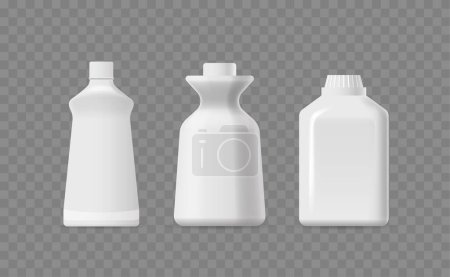 Illustration for Set Of Three Realistic, Empty Plastic Detergent Bottles Isolated On A Transparent Background. Blank Packs Ideal For Product Mockups, Branding, And Advertising Purposes. 3d Vector Illustration - Royalty Free Image