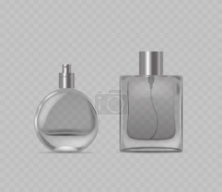 Two Elegant Perfume Bottles In Realistic Style. Each Bottle Features A Unique Shape And A Metallic Dispenser Isolated on Transparent Background, 3d Vector Flasks For Overlaying On Various Designs