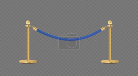 Elegant Golden Stanchions or Metal Posts Connected By A Luxurious Blue Velvet Rope Isolated On Transparent Background, Ideal For Event And Vip Section Representations. Realistic 3d Vector Illustration
