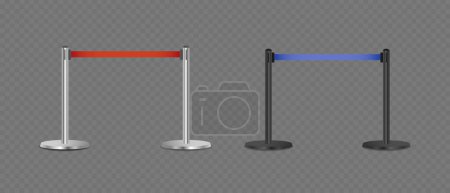 Zwei Metallpfosten, jeder mit einem roten oder blauen Band gekrönt. Realistische 3D-Vektorsteuerung, Grenzen oder Vip-Bereiche in verschiedenen Einstellungen wie Events, Clubs oder Premieren, isoliert auf transparentem Hintergrund.