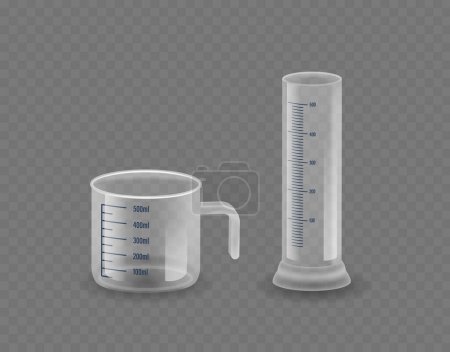 Illustration for Transparent Measuring Jug And A Graduated Cylinder, Tools Marked With Measurement Lines For Accuracy. Plastic Measure Jugs. Realistic 3d Vector Glass Cups, Isolated Containers With Scale For Volume - Royalty Free Image