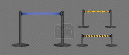 Illustration for Metal Posts With Ribbons In Different Styles, Including Classic Blue And Caution Stripes. Realistic 3d Vector Security Barrier, Queue System, Crowd Control Items Isolated On Transparent Background - Royalty Free Image