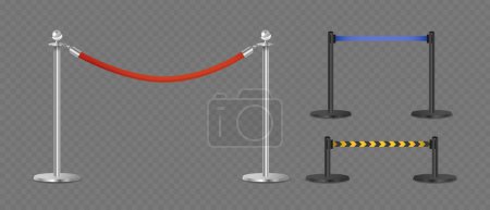 Illustration for Realistic 3d Vector Metal Posts Connected By Colorful Ribbons, Showcasing Various Colors And Patterns, Suitable For Representing Barriers, Guidance, Or Vip Sections In The Events And Facilities - Royalty Free Image