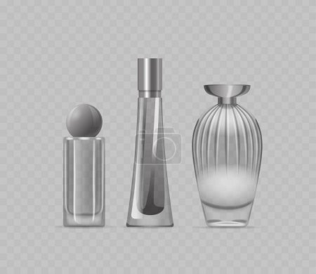 Illustration for Collection Of Three Perfume Bottles With Modern And Classic Styles, Showcasing Varying Shapes And Reflective Surfaces Isolated On Transparent Background. Realistic 3d Vector Luxury Beauty Product - Royalty Free Image
