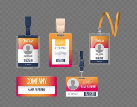 Illustration for Collection Of Office Identification Badges. Isolated Realistic 3d Vector Set of Various Design Options With Clips And Lanyards, Featuring Placeholders For Company Logos, Employee Photos And Barcodes - Royalty Free Image