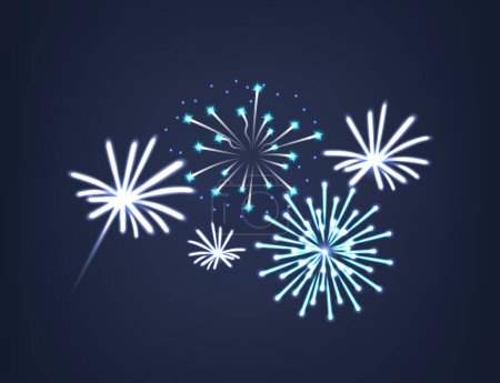 Beautiful Digital Firework Display Illuminates Dark Sky With White And Blue Bursts Of Light, Capturing The Festive And Celebratory Mood Of Major Events And Holidays. Cartoon Vector Illustration