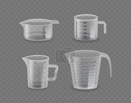 Illustration for Four Transparent Measuring Instruments Isolated On Transparent Background. Realistic 3d Vector Large Pitcher, Two Medium-sized Jugs, And A Tall, Narrow Measuring Cylinder, With Measurement Lines - Royalty Free Image
