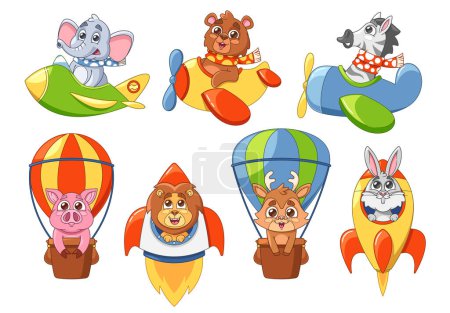Cute Cartoon Animals, Each In Unique Colorful Flying Machines as Planes, Air Balloons or Rockets, Soaring Through The Sky Radiating Joy And Spirit Of Exploration. Vector Children Book Illustrations