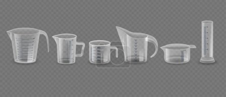 Illustration for Clear Measuring Tools Isolated on Transparent Background. Plastic Cups Including Various Pitchers And Graduated Cylinder, All Marked With Measurement Indicators. Realistic 3d Vector Collection - Royalty Free Image
