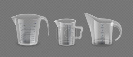 Illustration for Three Measuring Cups or Jugs. Different Clear Kitchen Devices Isolated On Transparent Background. Jugs For Precise Liquid Measurement Tasks. Containers For Cooking Or Chemicals. 3d Vector Illustration - Royalty Free Image