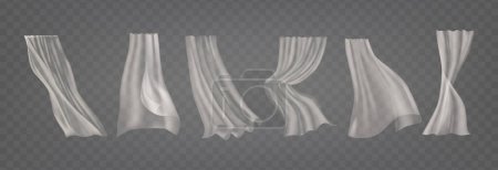 Vector Set Of Elegantly Styled Transparent Sheer Curtains Depicted In Various States Of Drape And Flow. Isolated Realistic 3d Flowing Fabric Ideal For Interior Design Theme And Window Dressing Visuals