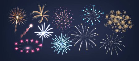 Colorful Variety Of Fireworks Illuminating The Dark Sky With Vibrant Colors. Cartoon Vector Illustration For Celebrations And Festive Events Depicts Joy And Excitement. Bright Pyrotechnics Explosions