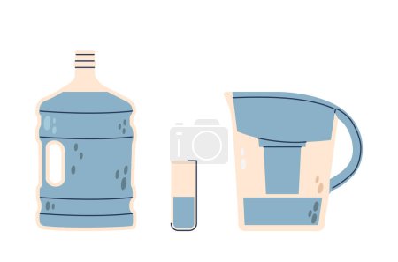 Ilustración de Conjunto de dispositivos de filtración de agua, botella de agua grande, una jarra de filtración y un vaso de agua aislado sobre fondo blanco. Ilustración de vectores de dibujos animados destacando soluciones modernas de hidratación - Imagen libre de derechos