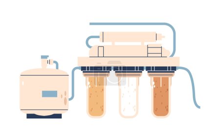 Modern Home Water Filtration System, Featuring A Large Tank And Multiple Filters With Transparent Casings Showing The Impurity Removal Process. Vector Illustration For Articles On Water Purification