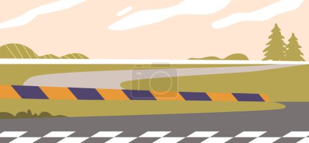 Illustration for Racing Track with Curved Road Guarded By A Colorful Barrier. Cartoon Vector Background Showcases Rolling Hills, Serene Sky And Sparse Evergreen Trees Creating A Peaceful Yet Invigorating Race Setting - Royalty Free Image