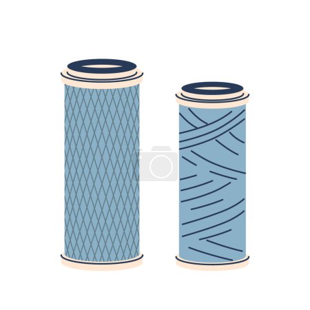 Zwei zylindrische Wasserfilter, von denen einer mit einem Diamantgittermuster und der andere mit Kreuzungslinien konzipiert wurde, symbolisieren saubere und effiziente Wasseraufbereitungstechnologie. Zeichentrickvektorillustration