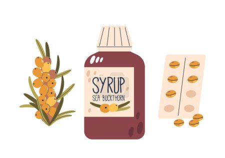 Illustration for Sea Buckthorn Products Including Syrup And Dietary Capsules. Cartoon Vector Illustration Highlights The Berries Alongside Healthcare Items, Emphasizing Natural Health Remedies And Dietary Supplements - Royalty Free Image