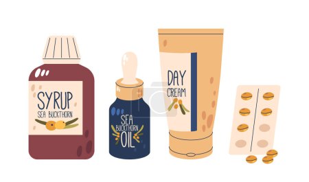 Illustration for Collection Of Sea Buckthorn Products, Including Oil In A Dropper Bottle, Syrup In A Jar, A Tube Of Day Cream, And Supplement Pills. Cartoon Vector Illustration Ideal For Health And Wellness Promotion - Royalty Free Image