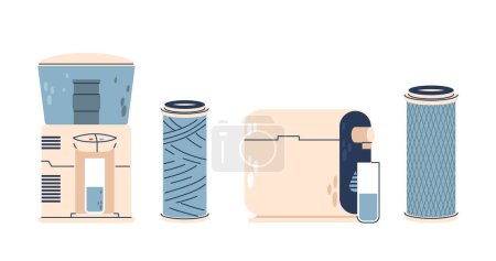 Water Purification Systems Vector Image Set, Featuring Various Filters And Dispensers. It Illustrates Different Designs And Mechanisms For Clean Water Solutions, Emphasizing Hygiene And Technology