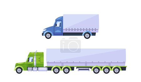 Ilustración de Camiones de carga vectorial, un camión grande azul de tamaño medio y uno verde con un remolque, para contenido relacionado con logística, transporte, temas de entrega de carga en los sectores comercial e industrial - Imagen libre de derechos